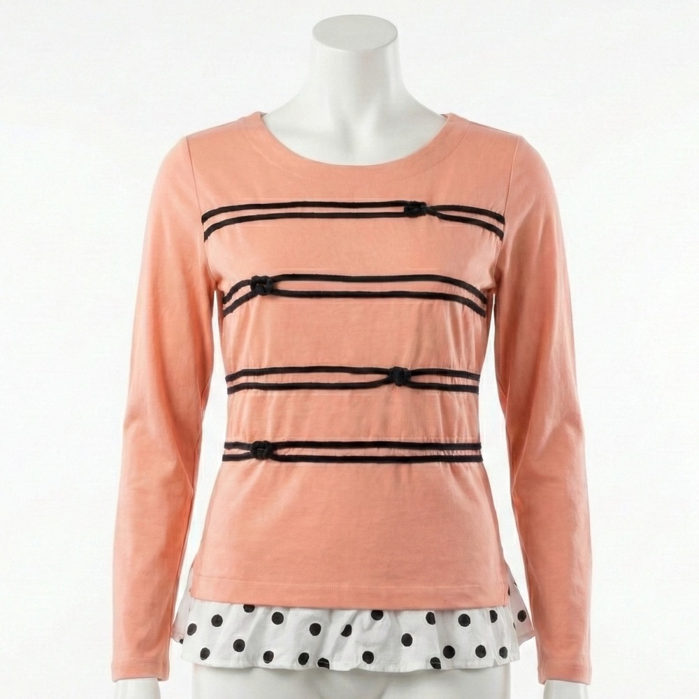 Crown & Ivy Top Petite Medium Peach Black Rope Stripe Polka Dot Layered Blouse
